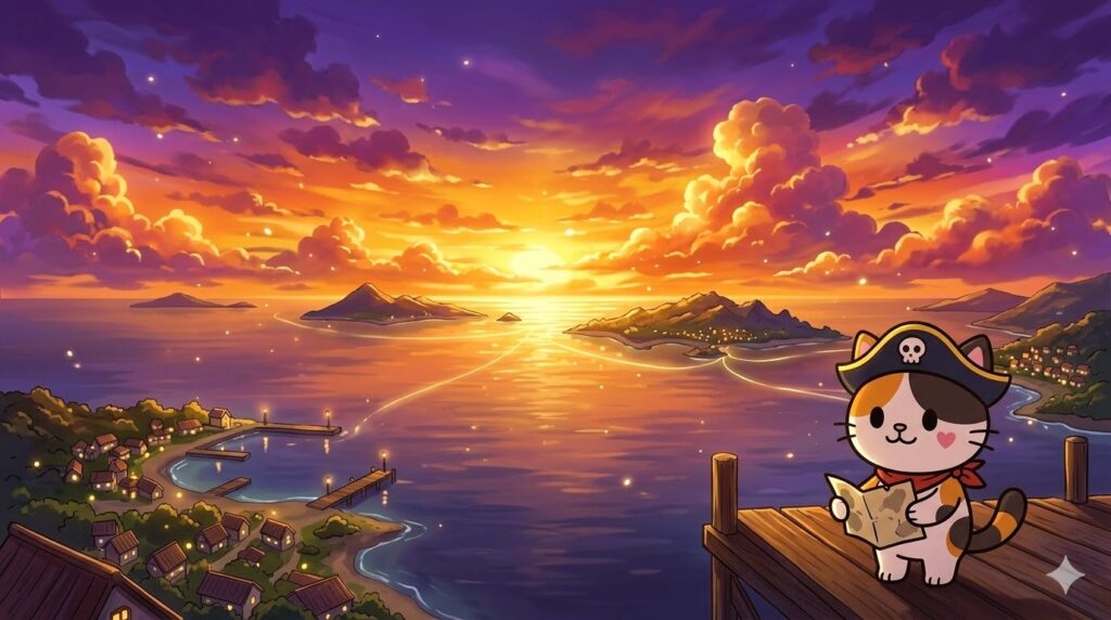 夕景の国境離島を見渡しながら締めくくるココロ船長