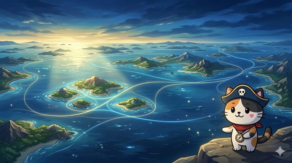 広い島々と重点エリアを見比べるように案内しているココロ船長