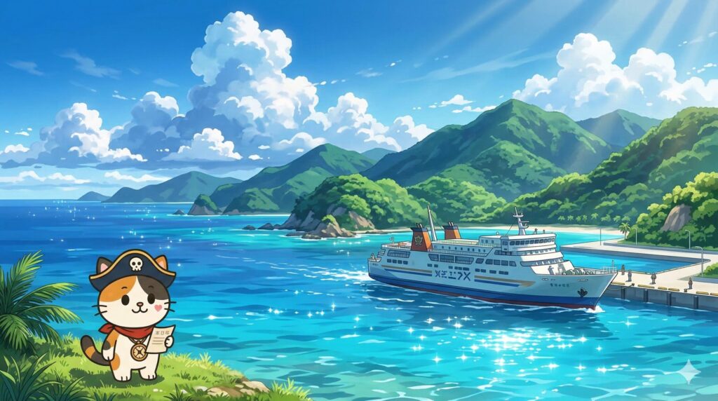 座間味の港に着いた景色の中でチケットを確認しているココロ船長