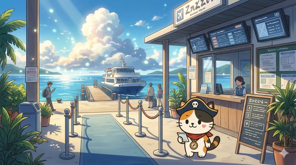 港の支払い動線の中でチケットを確認しているココロ船長