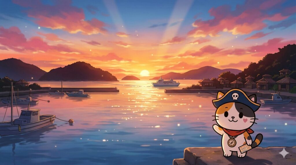 夕暮れの座間味の海を前に満足そうに立つココロ船長