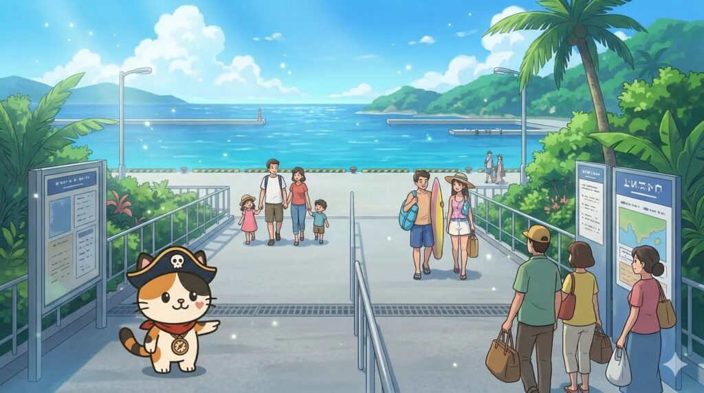 港の旅行者たちを見ながら確認しているココロ船長