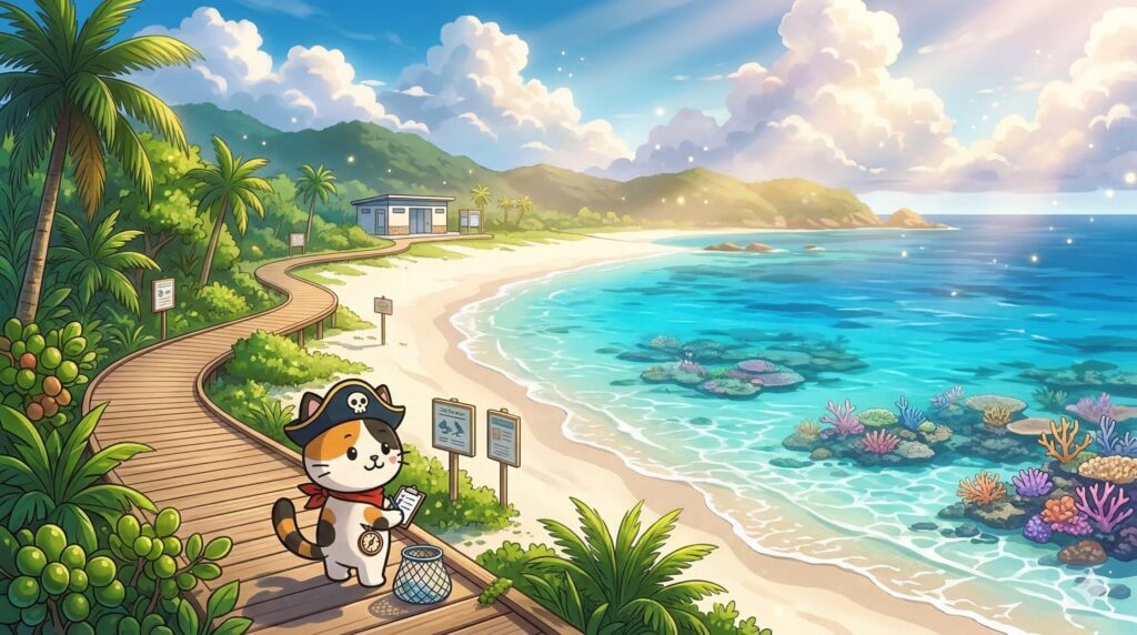 きれいな海辺で環境整備を見守っているココロ船長