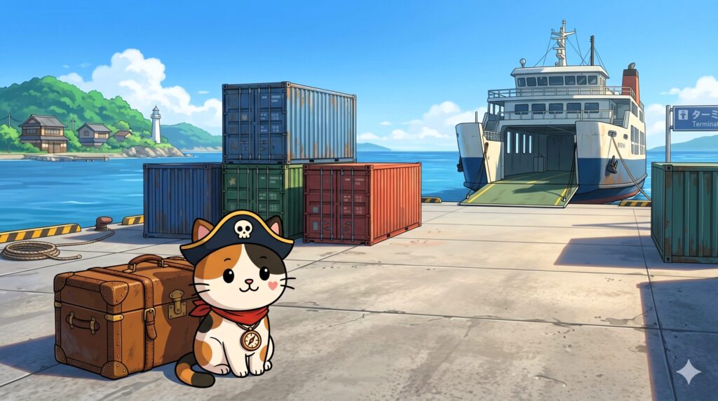 フェリーターミナルでトランクケースの横に座って休むココロ船長