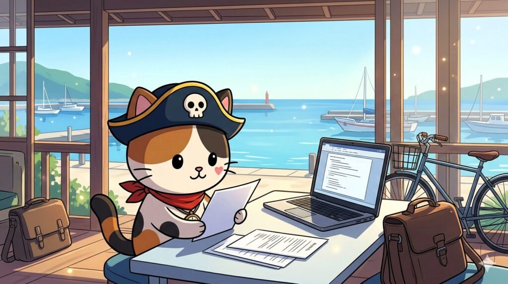 書類を確認するココロ船長