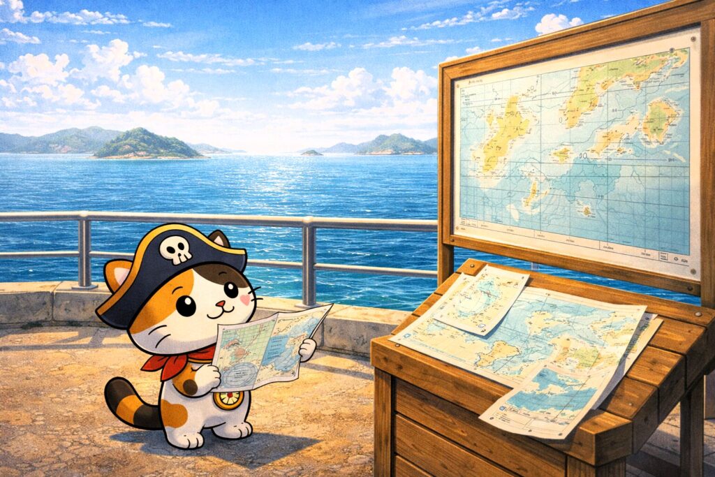 島と地図を見るココロ船長