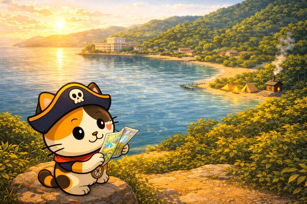 島の景色を眺めるココロ船長