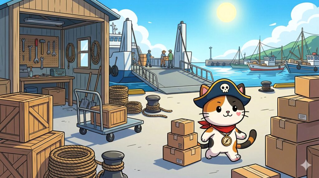 港で荷物を気にするココロ船長