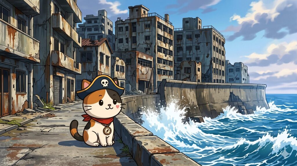 コンクリートの縁石に静かに座るココロ船長