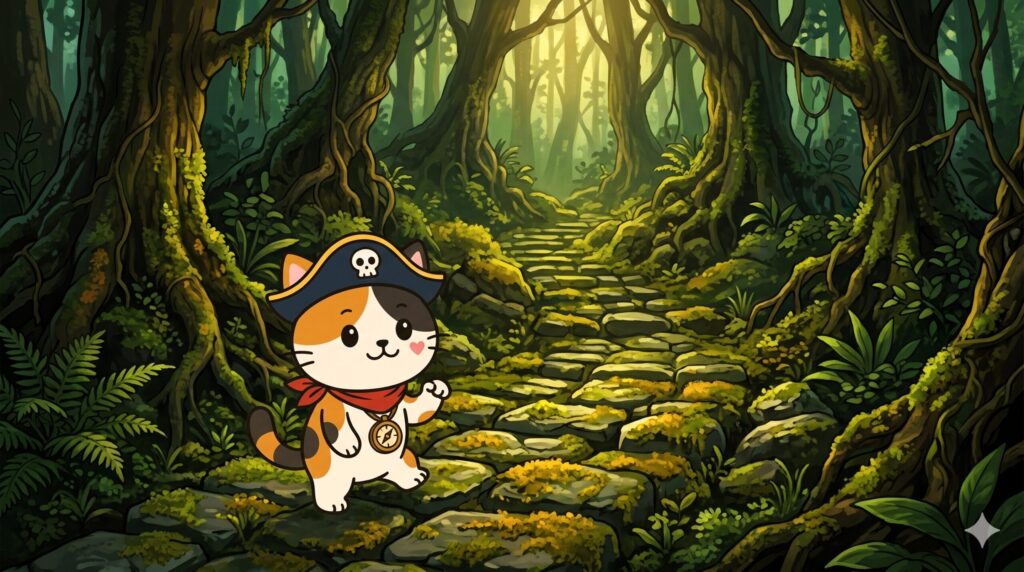 苔むした古い道を歩きながら手招きするココロ船長
