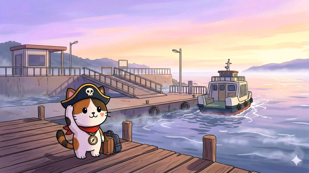 港で旅立ちを見送るココロ船長