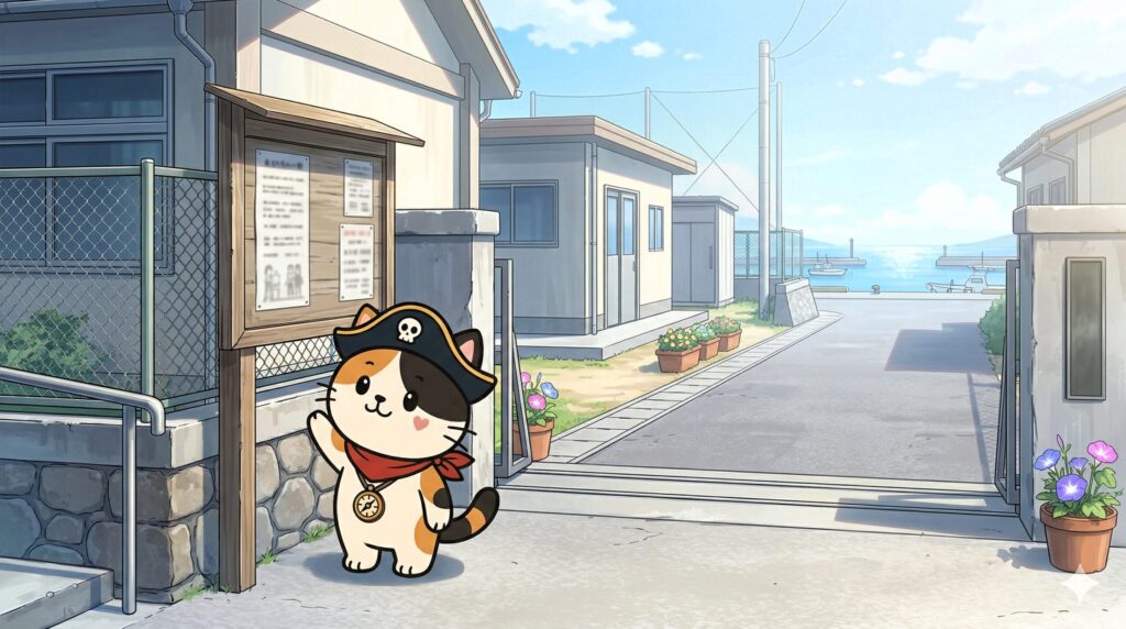 学校掲示を見るココロ船長