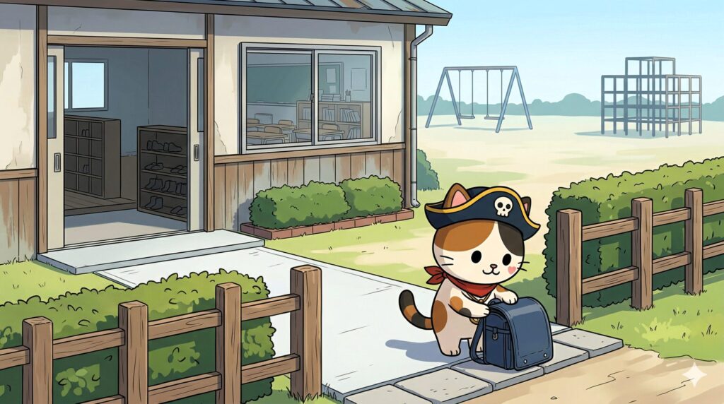 学校前で確認するココロ船長