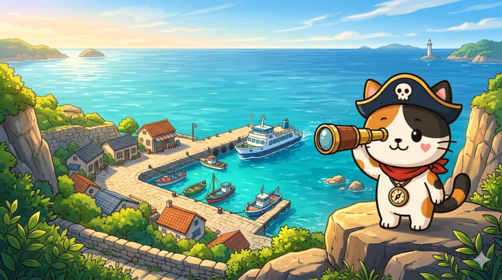 高台から望遠鏡で定期船を観察しているココロ船長