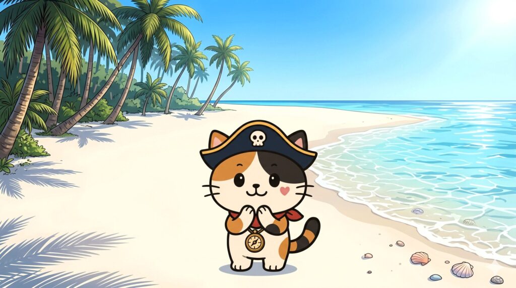 白い砂浜と透き通る海の前で小さく拍手するココロ船長