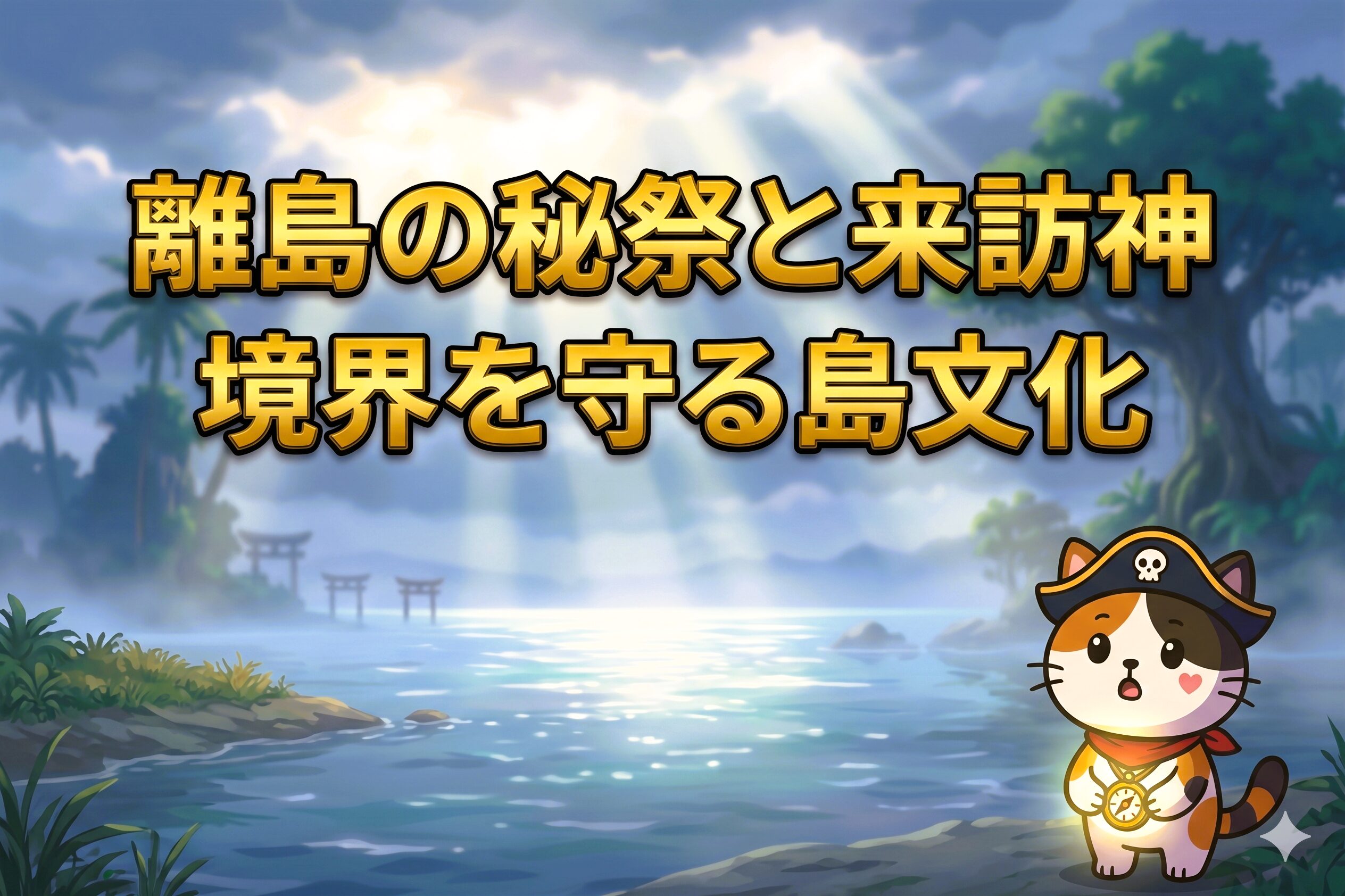 神秘的な島の夕暮れを見上げるココロ船長