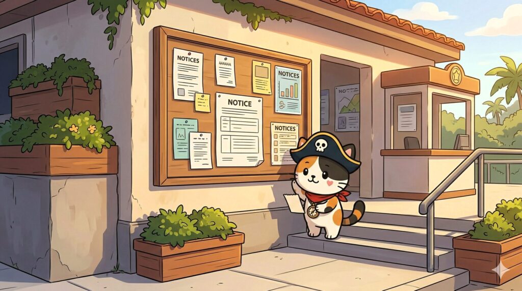 掲示板をのぞくココロ船長