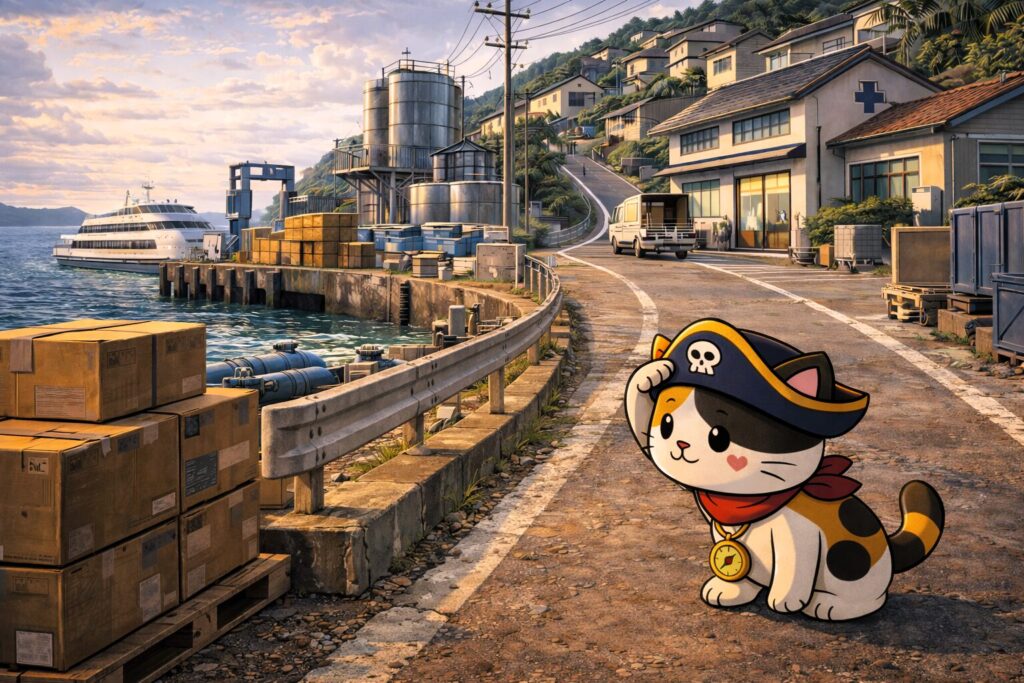 島の道を見上げるココロ船長