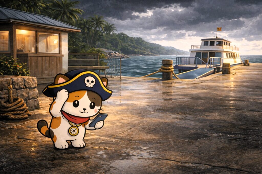 港で状況確認するココロ船長