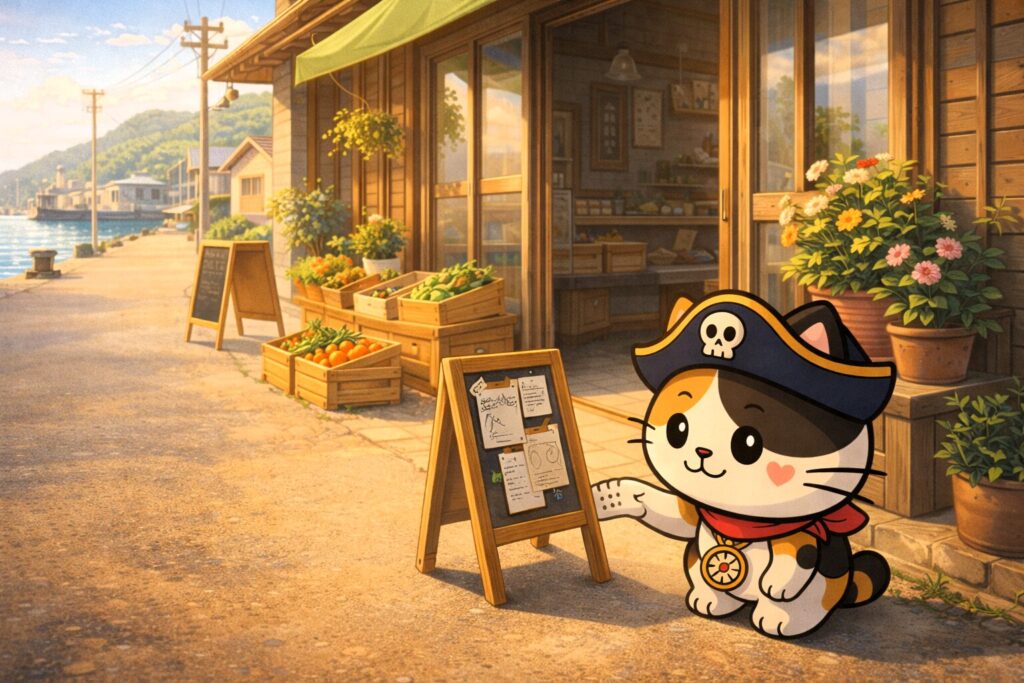 店先で考えるココロ船長