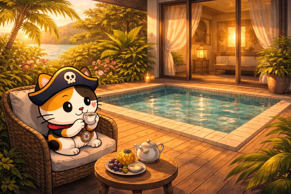 ヴィラでくつろぐココロ船長