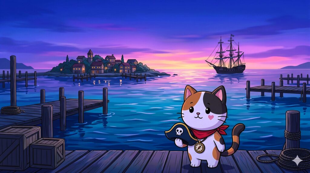 夕暮れの港で風を受けながら遠くの船を見つめるココロ船長