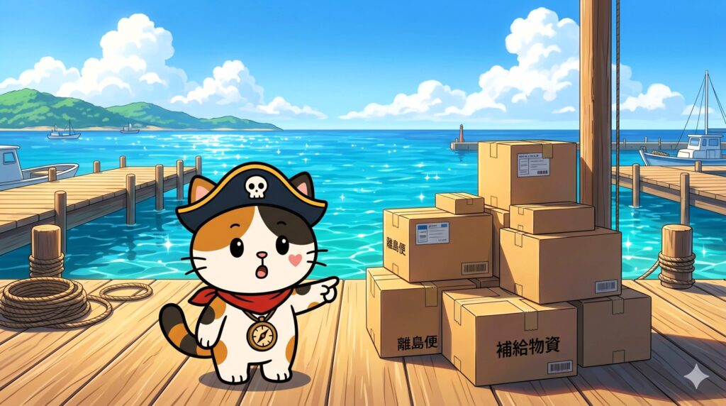 港に積まれた段ボール箱を指差して驚いているココロ船長