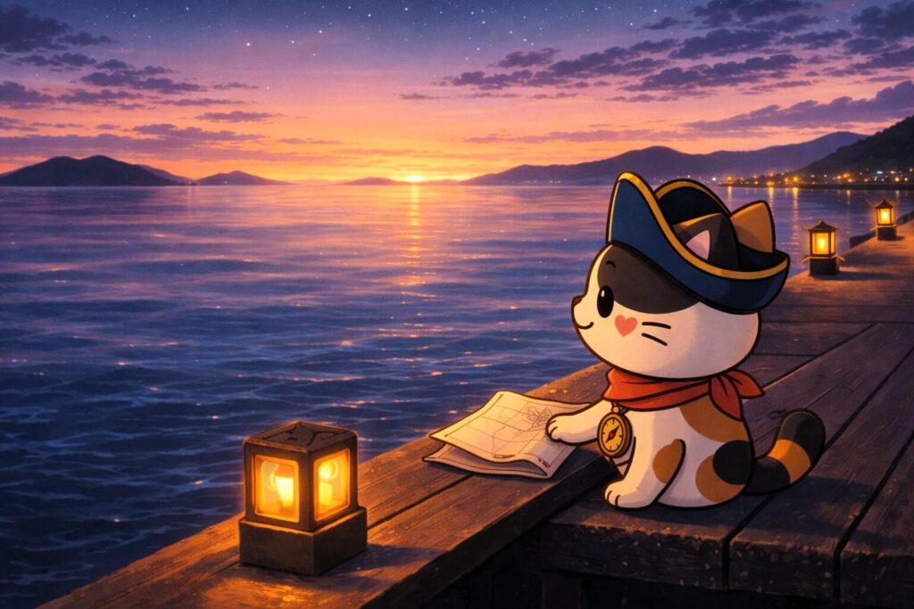 港で一息つくココロ船長