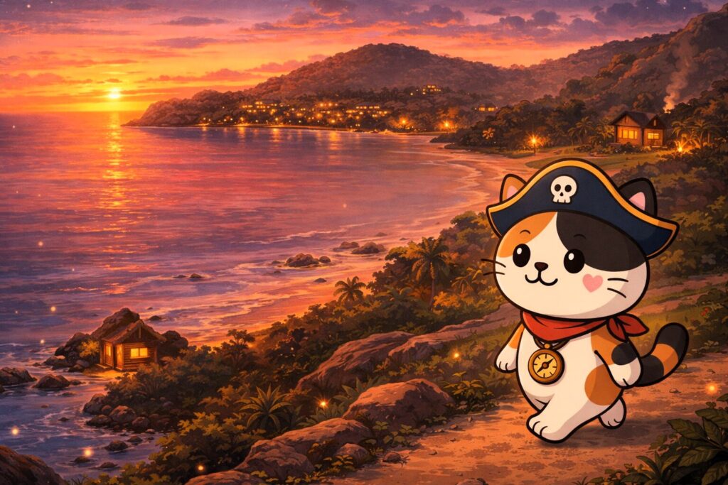 夕景を歩くココロ船長