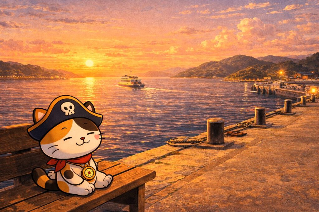 夕景を楽しむココロ船長