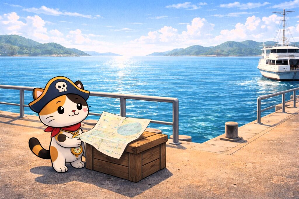 港で地図を見るココロ船長