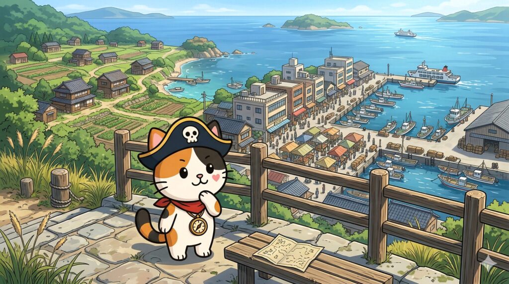 島を見比べるココロ船長