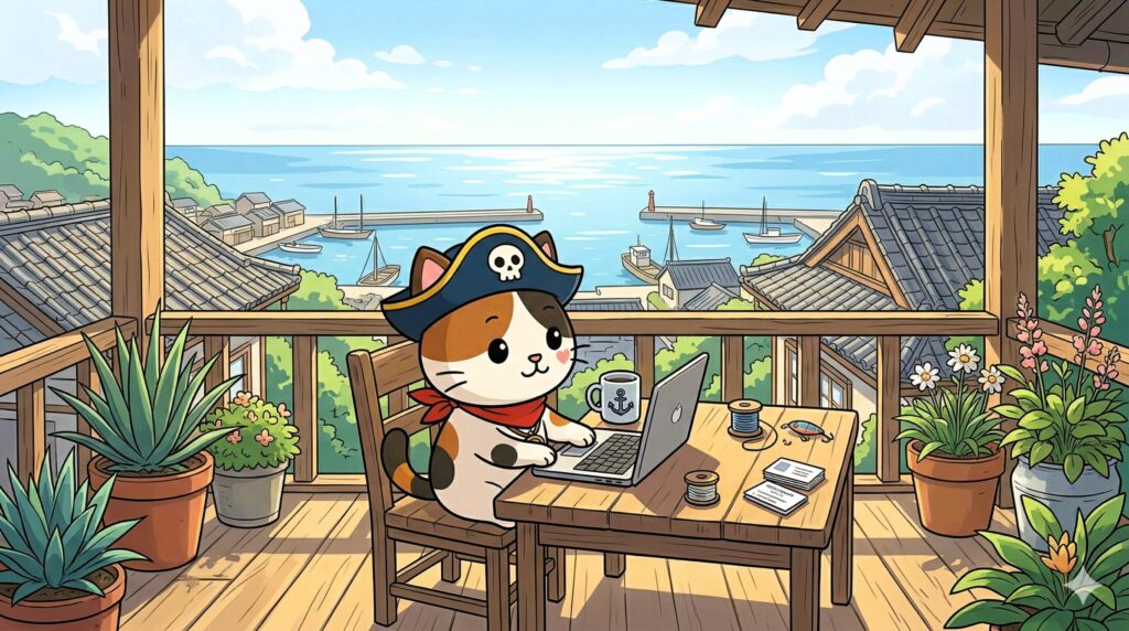 テラスで働くココロ船長