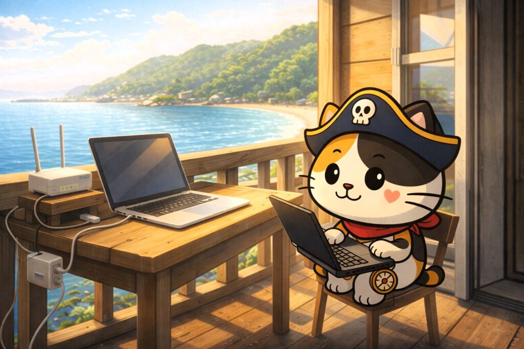 海辺で作業するココロ船長