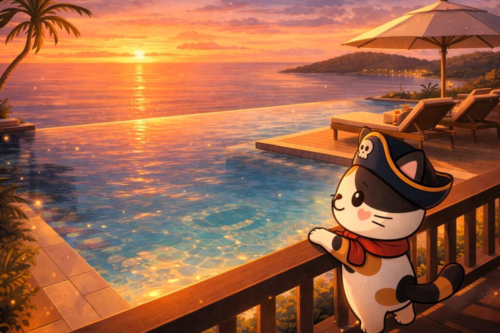 海辺のリゾートを見るココロ船長