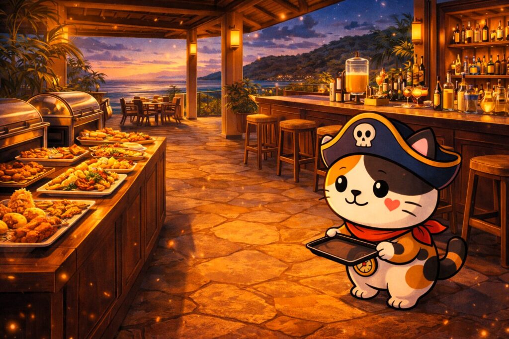 食事とドリンクを比べるココロ船長