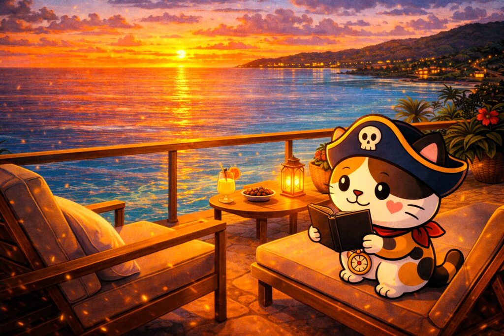 夕景で確認を終えるココロ船長