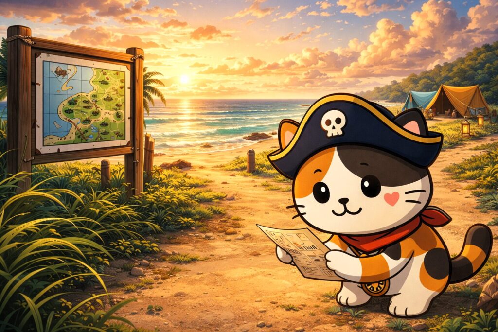 キャンプ場を確認するココロ船長