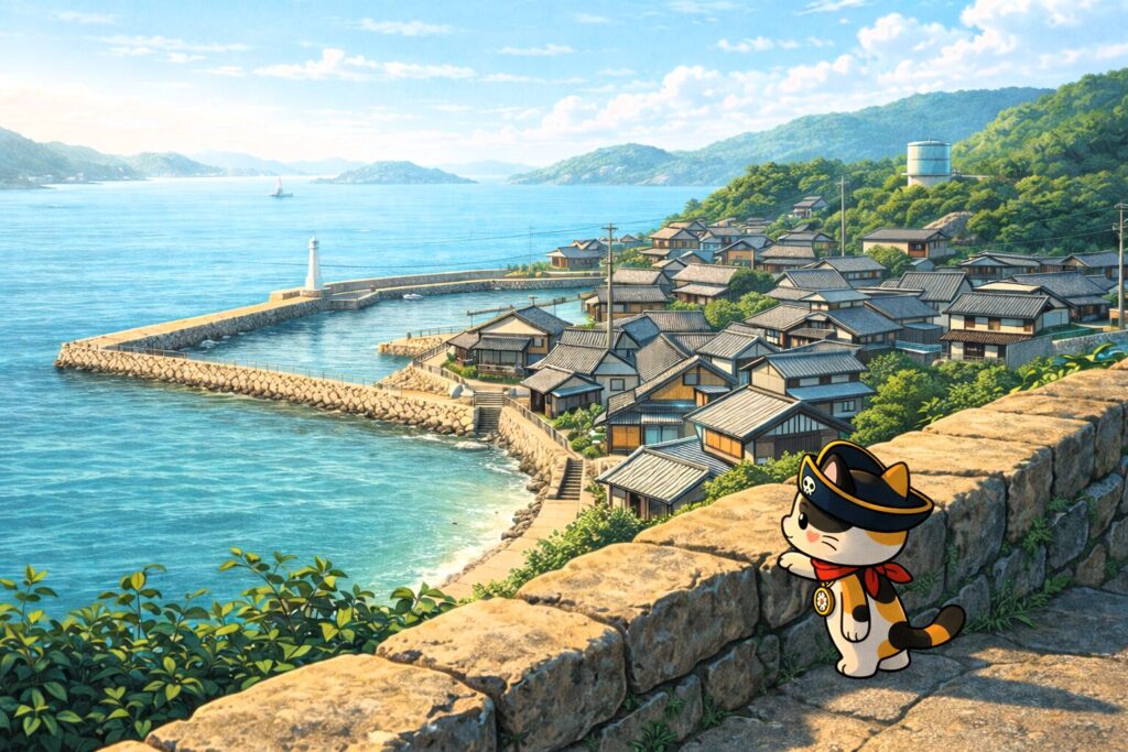 島を観察するココロ船長