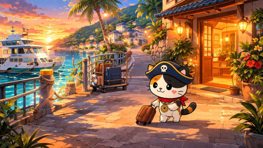 港に着いて宿へ向かうココロ船長