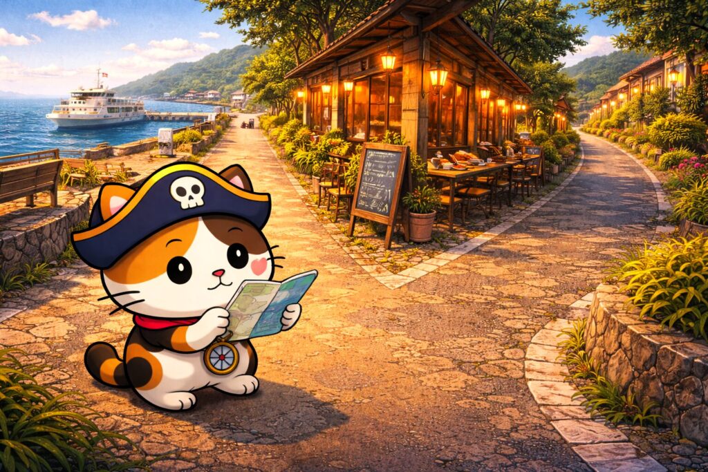 地図を見比べるココロ船長