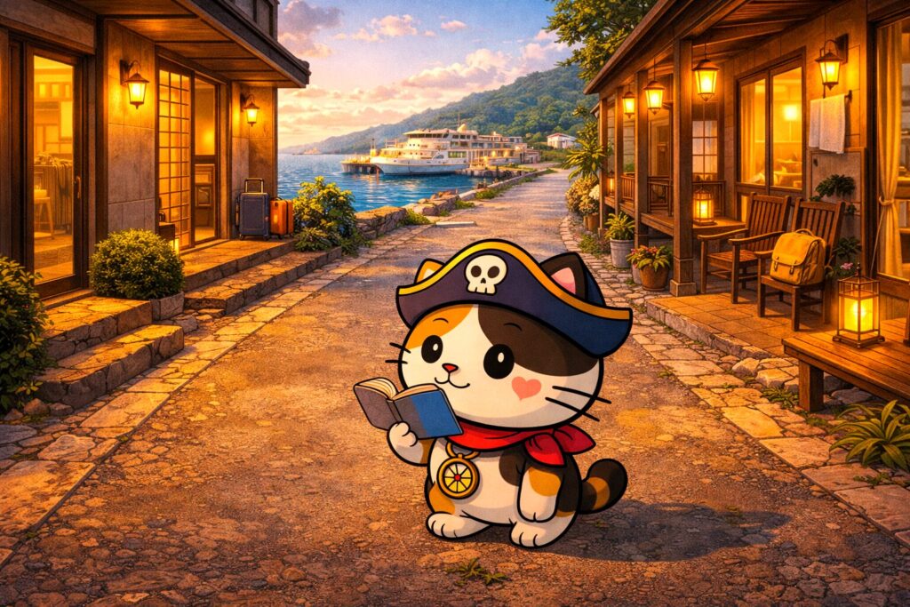 宿を見比べるココロ船長