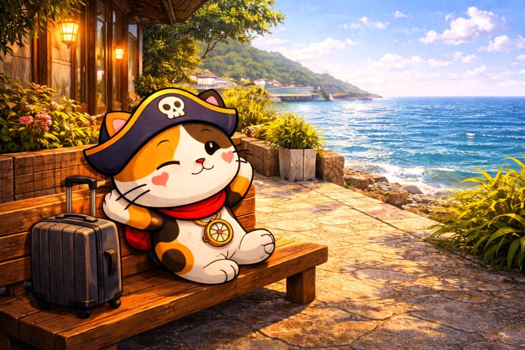 海辺でくつろぐココロ船長