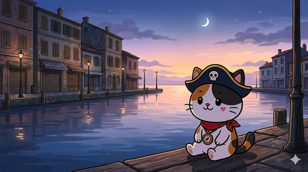 夕方の港で座るココロ船長