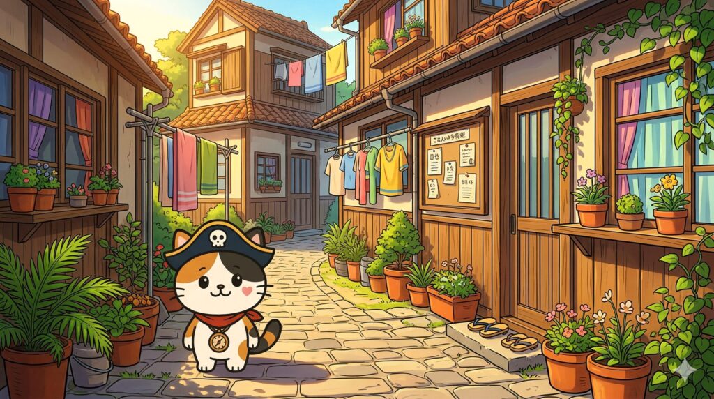 路地で振り返るココロ船長