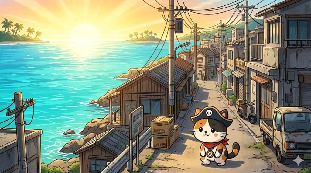 海と町を見比べるココロ船長