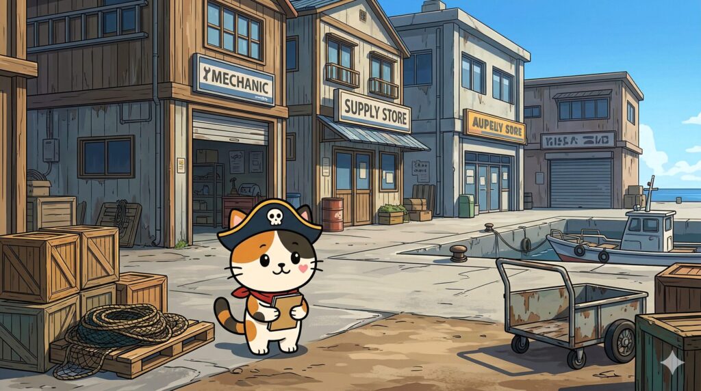 仕事場を見渡すココロ船長