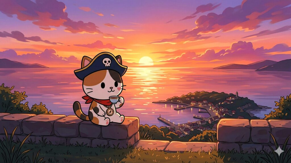 夕景を眺めるココロ船長