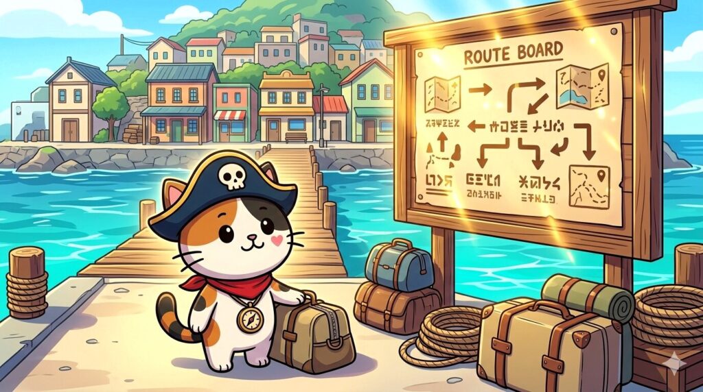 荷物と案内板を見るココロ船長