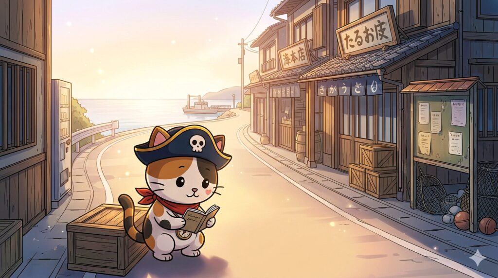 港町で計画を見るココロ船長